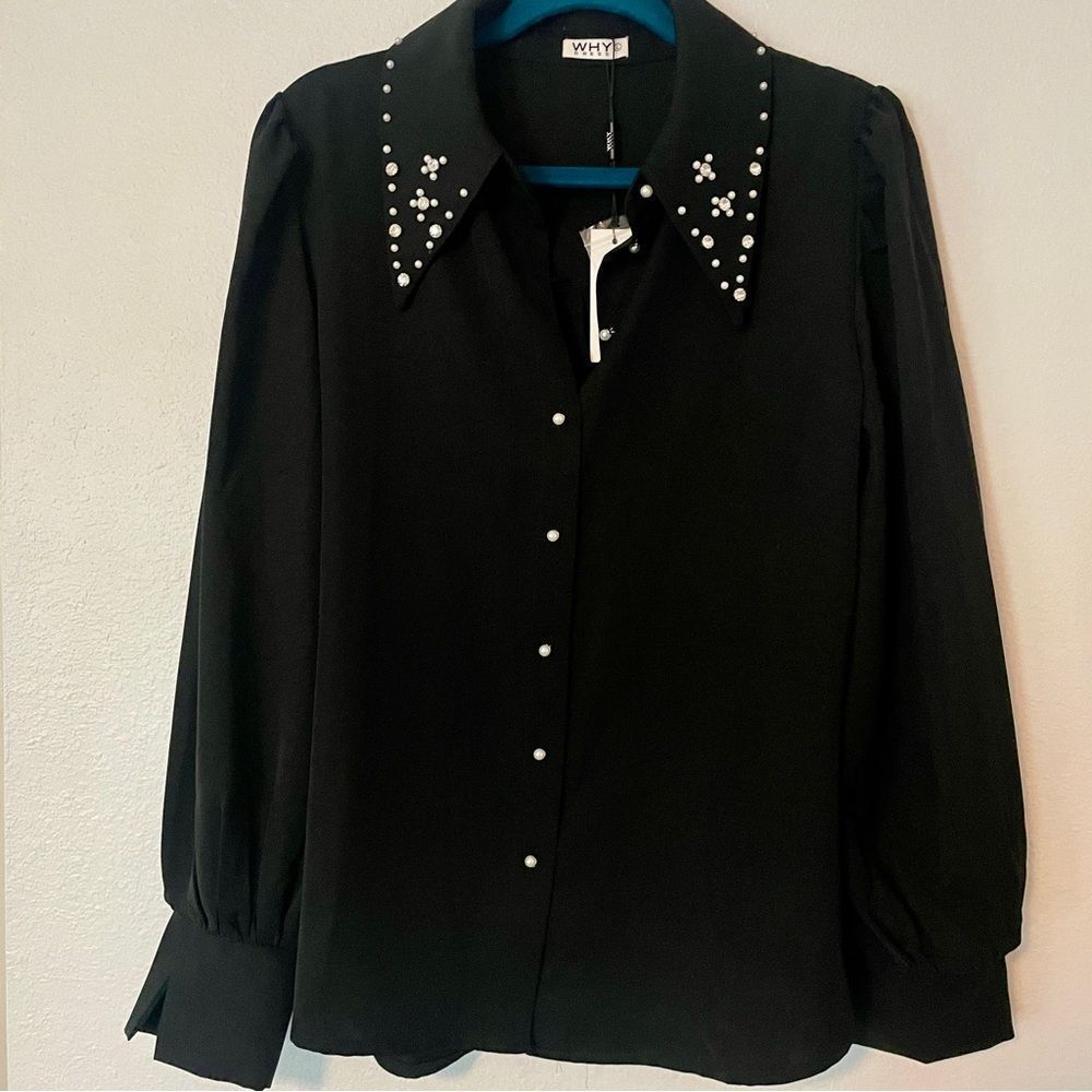 Black embellished button up, black blouse with faux pearl and rhinestone L